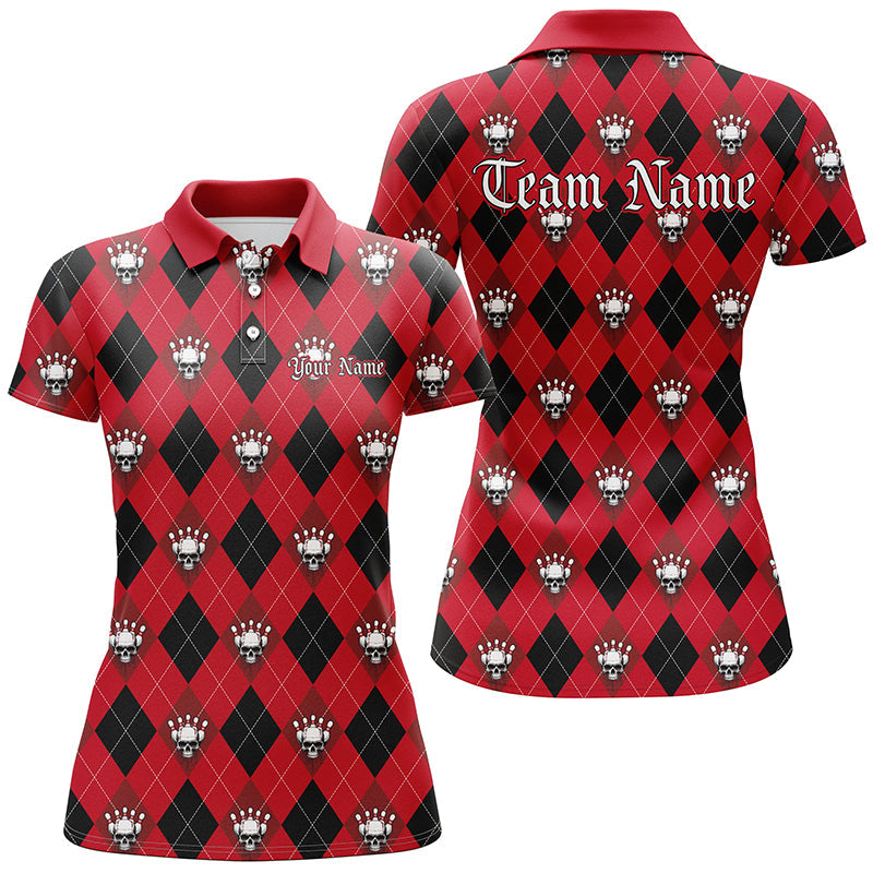 Black And Red Argyle Pattern Custom Skull Ladies Bowling Shirts, Halloween Outfit Bowling IPHW7297