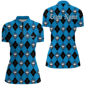 Black And Blue Argyle Pattern Custom Skull Ladies Bowling Shirts, Halloween Outfit Bowling IPHW7298