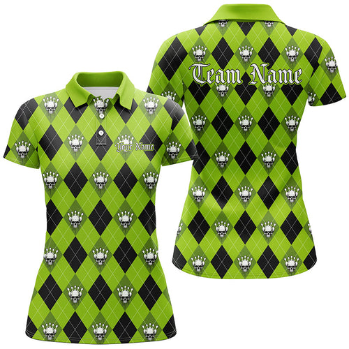 Green Argyle Pattern Custom Skull Bowling Shirts For Women, Halloween Outfit Bowling IPHW7299