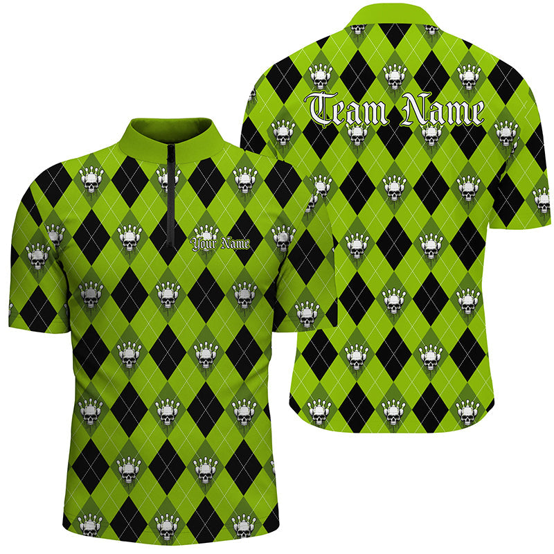 Green Argyle Pattern Custom Skull Bowling Shirts For Men, Halloween Outfit Bowling IPHW7299