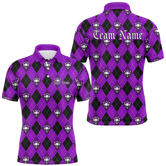 Purple Argyle Pattern Custom Skull Bowling Shirts For Men, Halloween Outfit Bowling IPHW7301