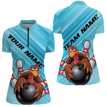 Load image into Gallery viewer, Blue Custom Funny Turkey Bowling Shirts For Women, Thanksgiving Bowling Shirt Team Uniform IPHW7584