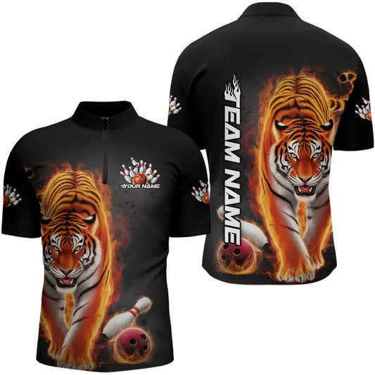 Custom Flame Tiger Bowling Quarter-Zip Shirts For Men, Tiger Bowling Tournament Team Shirt IPHW8260