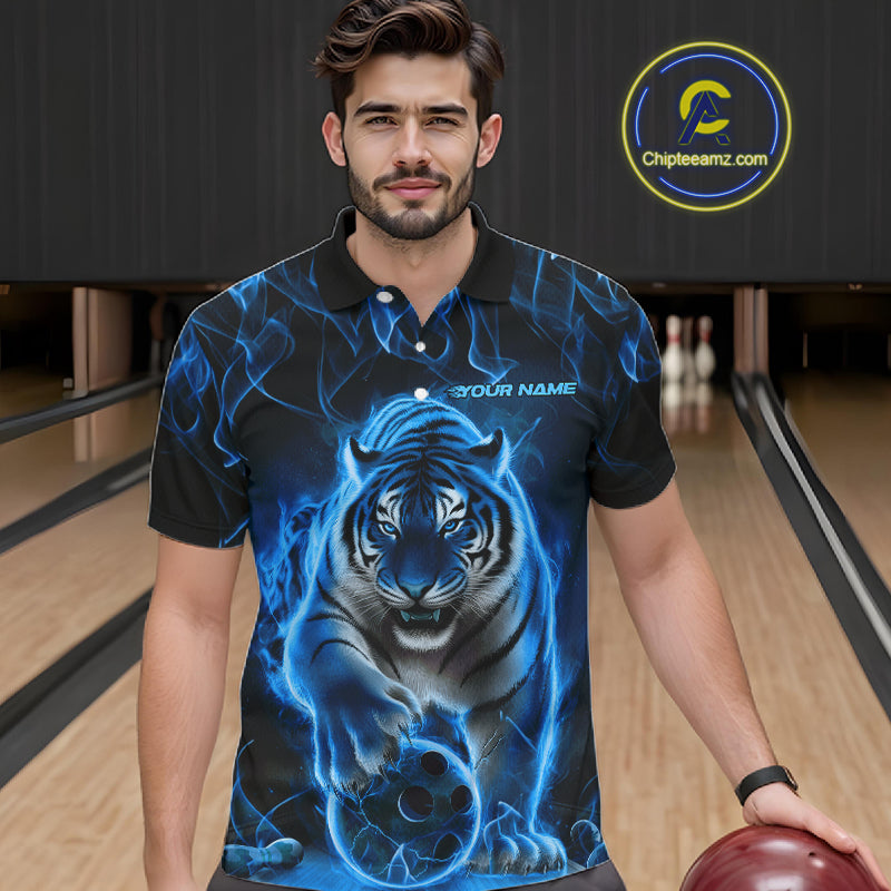 Custom Black And Blue Flame Tiger Bowling Team Polo Shirts For Men, Fire Bowling Jerseys IPHW8263