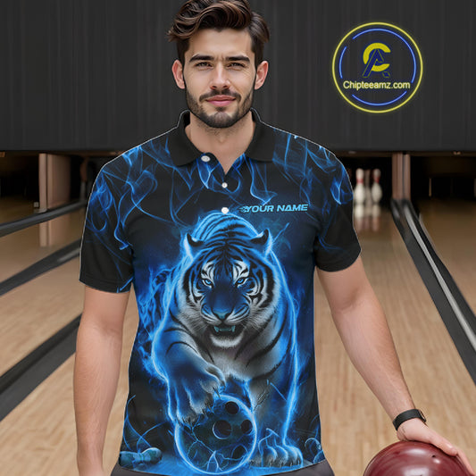 Custom Black And Blue Flame Tiger Bowling Team Polo Shirts For Men, Fire Bowling Jerseys IPHW8263