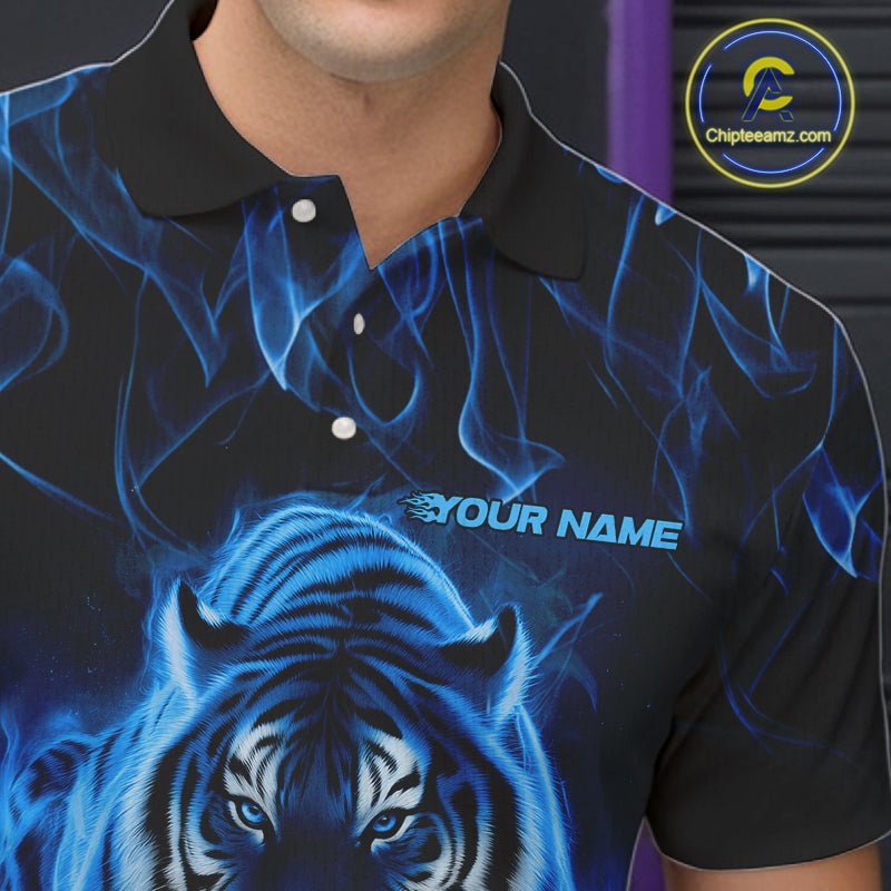 Custom Black And Blue Flame Tiger Bowling Team Polo Shirts For Men, Fire Bowling Jerseys IPHW8263