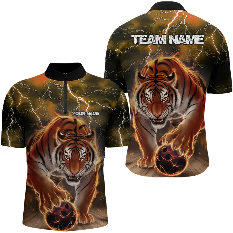 Orange Thunder Lightning Custom Flame Tiger Bowling Quarter-Zip Team Shirts For Men Bowlers Outfit IPHW8265