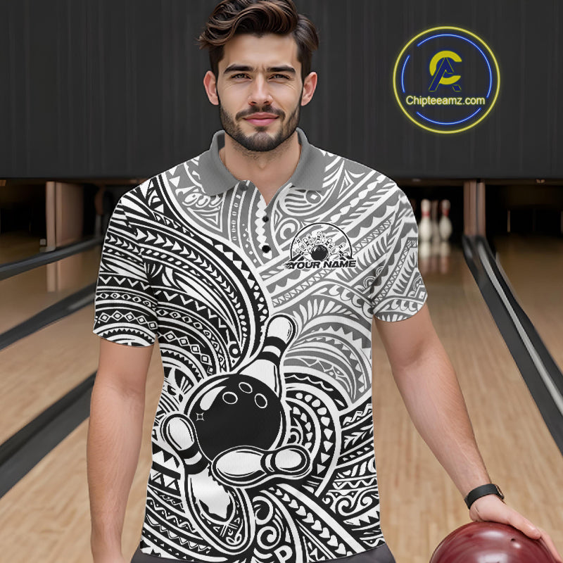 Custom Black And White Traditional Samoan Tribal Polynesian Pattern Bowling Men Shirt IPHW10323