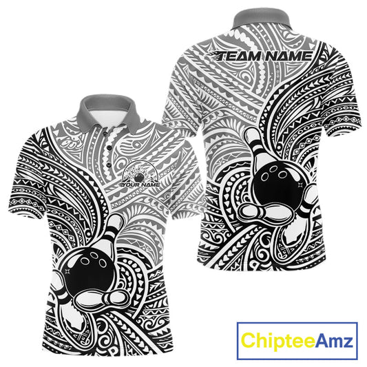 Custom Black And White Traditional Samoan Tribal Polynesian Pattern Bowling Men Shirt IPHW10323