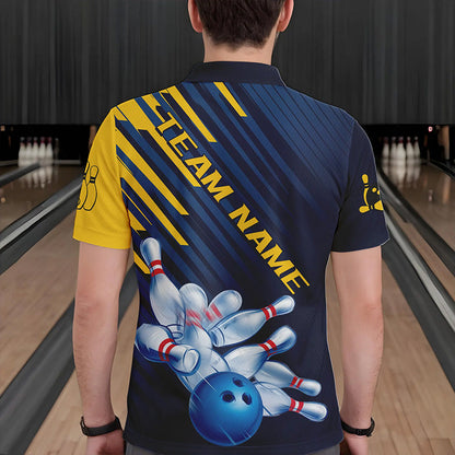 Custom Blue And Yellow Bowling Jerseys, Bowling Team Polo Shirts For Men Bowling Tournament IPHW8530