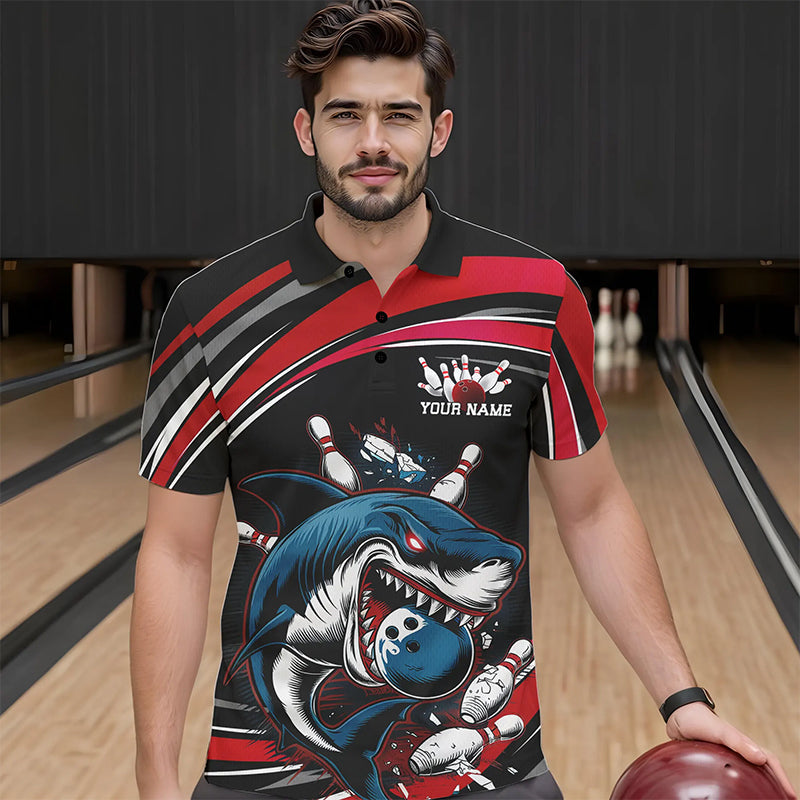 Black And Red Custom Shark Bowling Team Polo Shirts For Men, Shark Bowling League Shirt IPHW8726