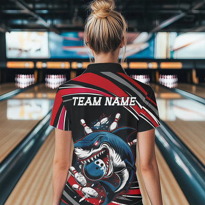 Black And Red Custom Shark Bowling Team Polo Shirts For Women, Shark Bowling League Shirt IPHW8726