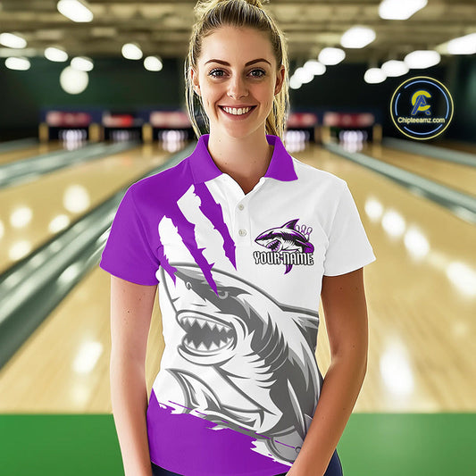 Custom White And Purple Shark Jerseys, Shark Bowling Team Women Polo Shirts Bowler Outfit IPHW8988