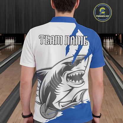 Custom White And Blue Shark Jerseys, Shark Bowling Team Men Polo Shirts Bowlers Outfit IPHW8990