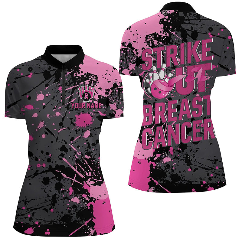 Strike Out Breast Cancer Pink Ribbon Custom Breast Cancer Ladies Bowling Shirt IPHW7048