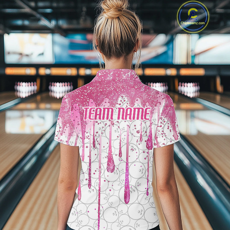3D Pink Glitter Pink Ribbon Pattern Custom Breast Cancer Bowling Polo Shirts For Women IPHW7051