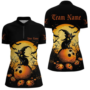 Custom Black Cat Halloween Ladies Bowling Shirts, Halloween Bowling Team Outfits IPHW7600