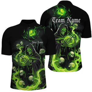 Black And Green Flame Grim Reaper Custom Halloween Bowling Shirts For Men, Team Bowlers Outfits IPHW7611