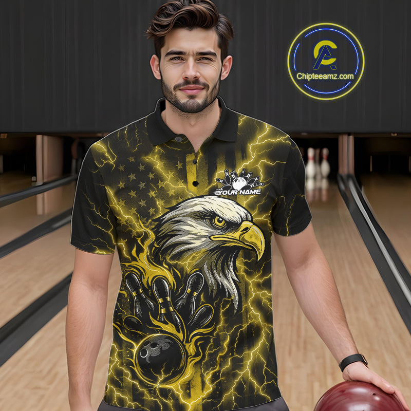 Custom Yellow Lightning Flame Eagle Men Bowling Shirt, Patriotic US Team Shirt IPHW10174