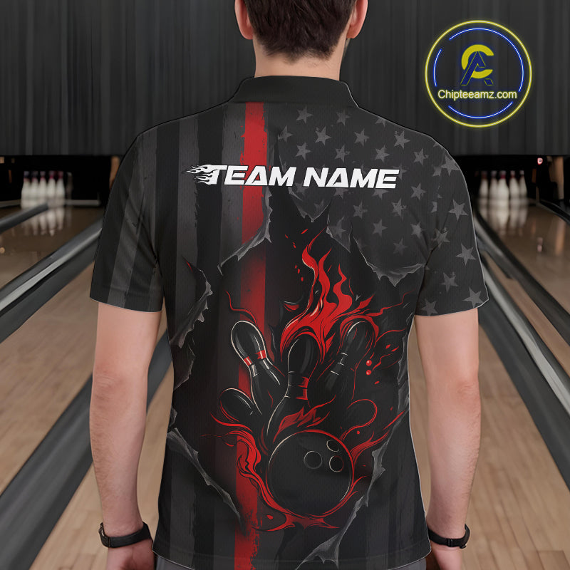 Custom Red Thin Line American Flag Patriotic Flame Bowling Team Men Polo Shirts IPHW10179