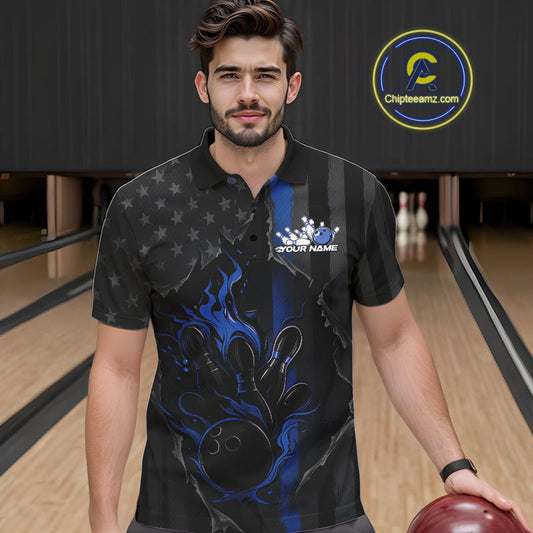 Custom Blue Thin Line American Flag Patriotic Flame Bowling Team Men Polo Shirts IPHW10180