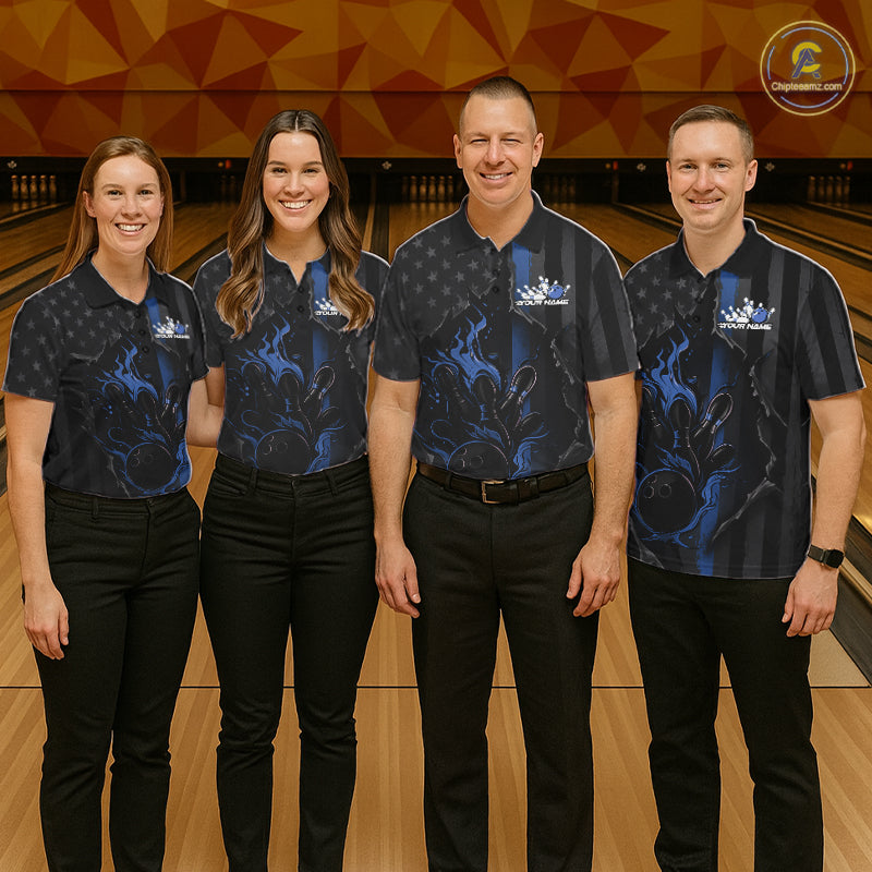 Custom Blue Thin Line American Flag Patriotic Flame Bowling Team Men Polo Shirts IPHW10180
