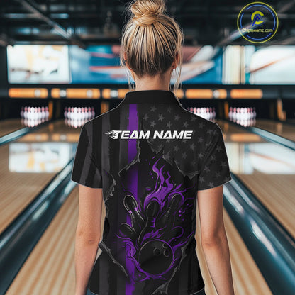 Custom Purple Thin Line American Flag Patriotic Flame Women Bowling Team Shirts IPHW10183