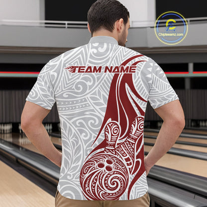 Custom Red Polynesian Tribal Bowling Men Quarter-Zip Shirt, Maori Style Bowling Shirt IPHW10337