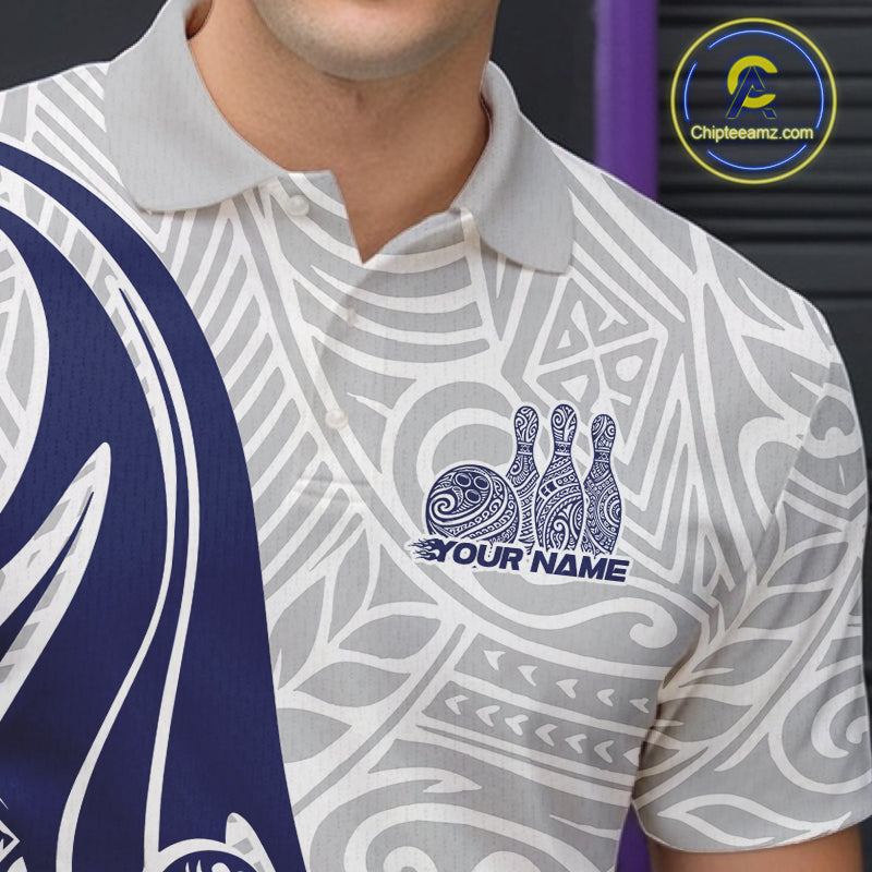 Custom Blue Polynesian Tribal Bowling Men Polo Shirt, Maori Style Bowling Shirt IPHW10338