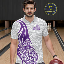 Load image into Gallery viewer, Custom Purple Polynesian Tribal Bowling Men Polo Shirt, Maori Style Bowling Shirt IPHW10339