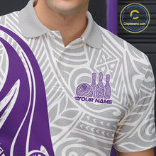 Load image into Gallery viewer, Custom Purple Polynesian Tribal Bowling Men Polo Shirt, Maori Style Bowling Shirt IPHW10339