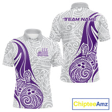 Load image into Gallery viewer, Custom Purple Polynesian Tribal Bowling Men Polo Shirt, Maori Style Bowling Shirt IPHW10339