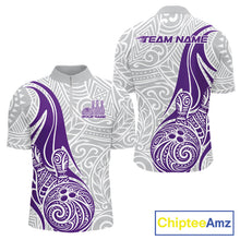 Load image into Gallery viewer, Custom Purple Polynesian Tribal Bowling Men Quarter-Zip Shirt, Maori Style Bowling Shirt IPHW10339