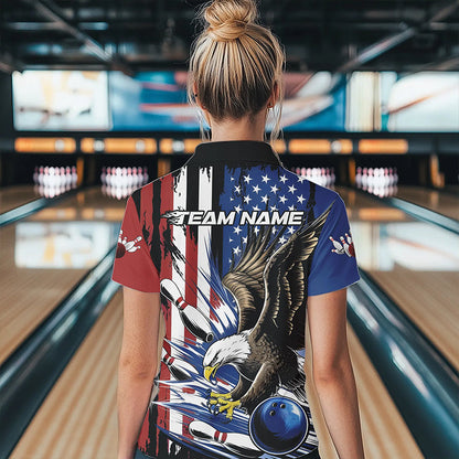 Custom American Flag Eagle Bowling Team Women Polo Shirt, Patriotic US Bowling League Shirt IPHW8753
