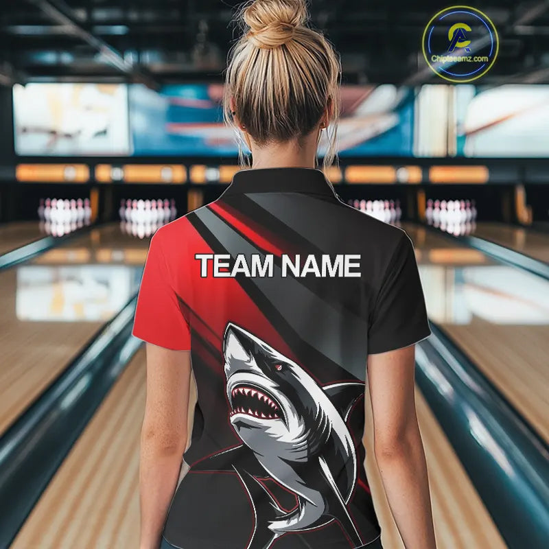 Custom Black And Red Shark Bowling Jerseys, Bowling Uniform Shark Women Quarter-Zip Shirt IPHW8999