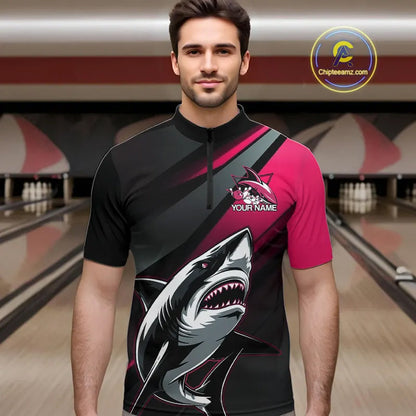 Custom Black And Pink Shark Bowling Jerseys, Bowling Team Uniform Shark Men Quarter-Zip Shirts IPHW9001