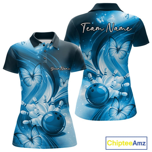 Front and back womens blue bowling polo featuring a bowling strike illustration enhanced with butterfly artwork.