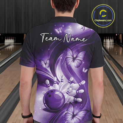 Back view of a purple bowling polo featuring bowling pins, a bowling ball, and butterfly-inspired details.