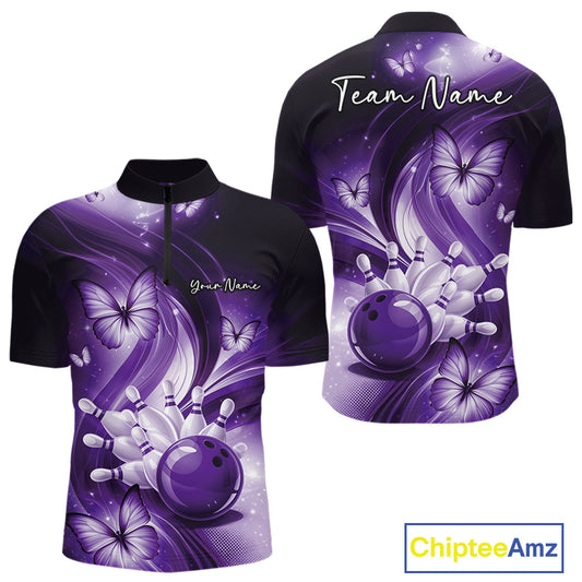 Front and back mens purple bowling quarter-zip featuring a bowling ball striking pins with decorative butterfly artwork.