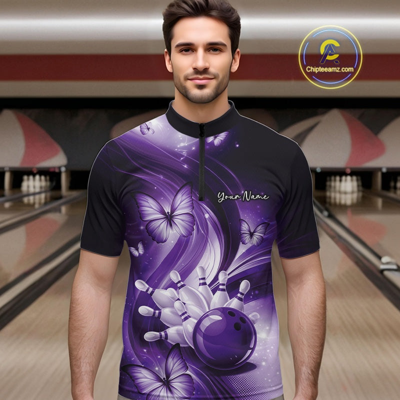 Male model wearing a purple bowling quarter-zip in a bowling center with bowling action graphics and butterflies.