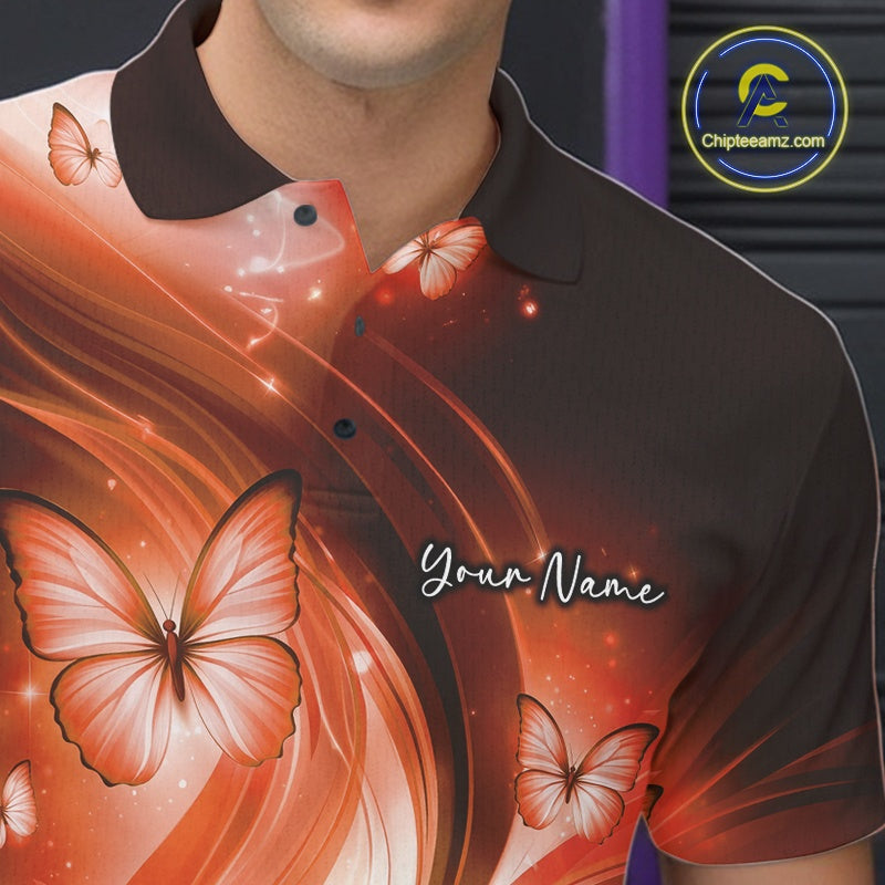 Left chest close-up of an orange bowling polo featuring a bowling strike illustration with butterflies.