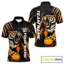 Load image into Gallery viewer, Front and back view of a black and yellow men's bowling polo shirt featuring a roaring tiger holding a yellow bowling ball with orange claw-stripe graphics and a geometric background pattern.