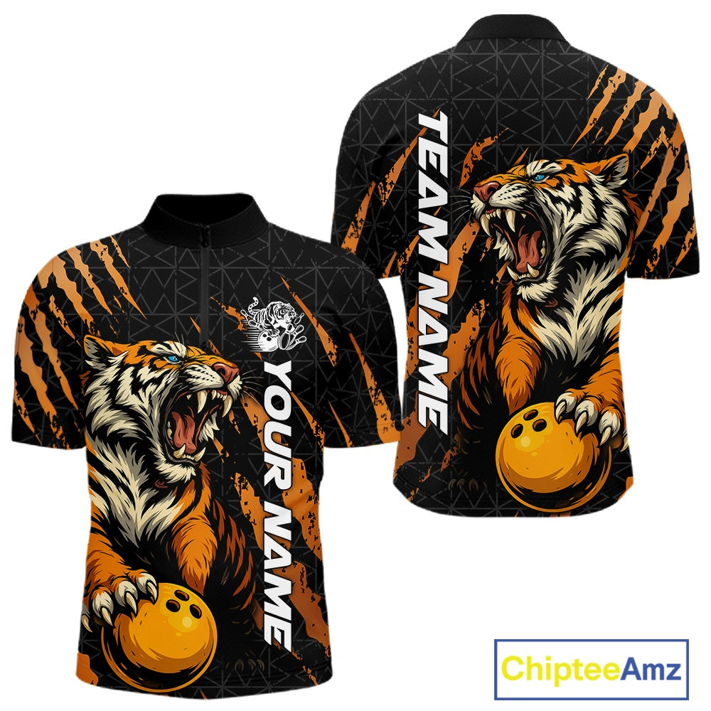 Front and back view of a black and yellow men's bowling quarter-zip shirt featuring a roaring tiger holding a yellow bowling ball with orange claw-stripe graphics and a geometric background pattern.