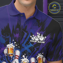 Load image into Gallery viewer, Close-up view of the left chest on a blue and purple bowling polo shirt featuring playful artwork of funny bowling pins and a bowling ball holding frothy beer mugs.