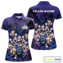 Load image into Gallery viewer, Front and back view of a blue and purple women's bowling polo shirt featuring funny bowling pins and a bowling ball holding frothy beer mugs in a playful bowling-themed illustration.