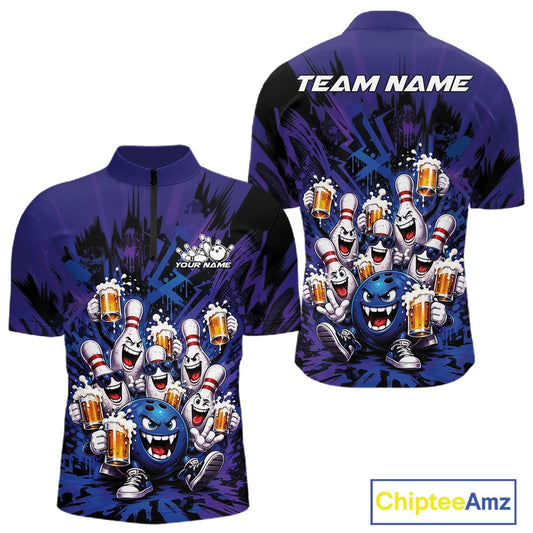 Front and back view of a blue and purple men's bowling quarter-zip shirt featuring funny bowling pins and a bowling ball holding frothy beer mugs in a fun cartoon-style bowling design.