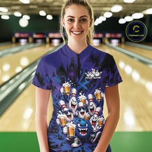 Load image into Gallery viewer, Front view of a female model at a bowling lane wearing a blue and purple bowling quarter-zip shirt featuring funny bowling pins and a bowling ball holding frothy beer mugs in a playful bowling-themed illustration.