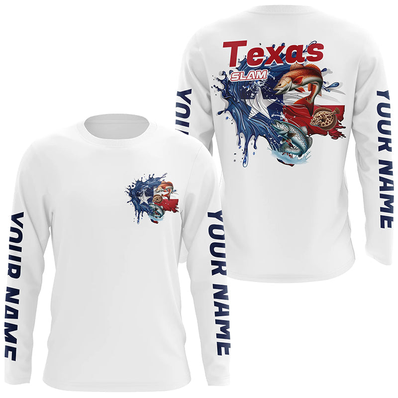 Custom Texas Slam Long Sleeve Fishing Shirts, Texas Trio Redfish, Trout, Flounder Fishing Shirts IPHW7054