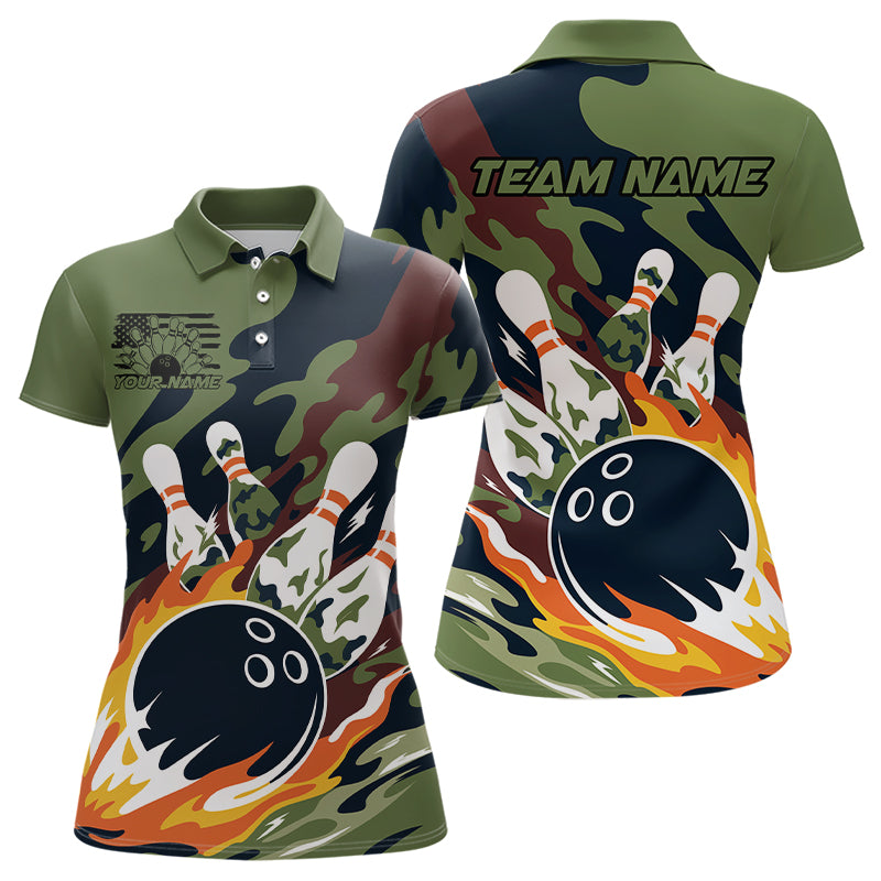 Custom Military Camo Bowling Polo Shirts For Women, Patriotic Veteran Bowling Team Shirt IPHW8037