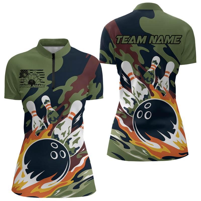 Custom Military Camo Bowling Quarter-Zip Shirts For Women, Patriotic Bowling Team Shirt IPHW8037